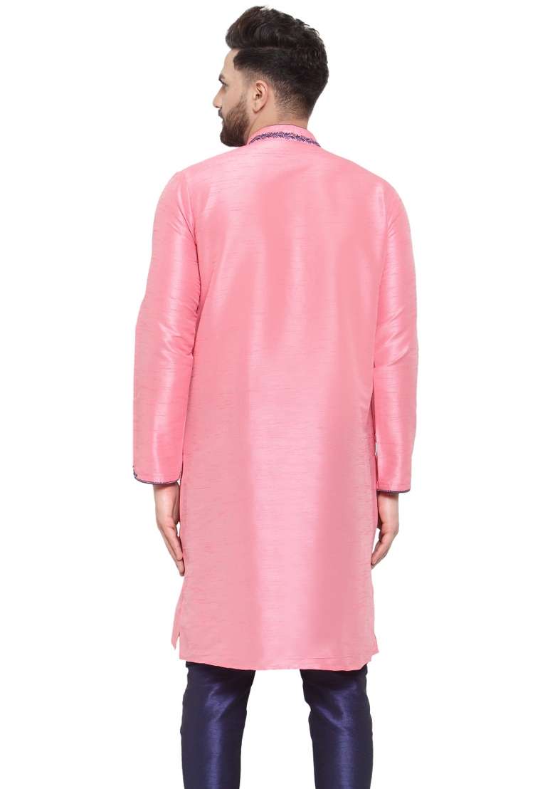 Pink Embroidery Sequins Work Dupion Silk Blend Kurta For Men - Indya