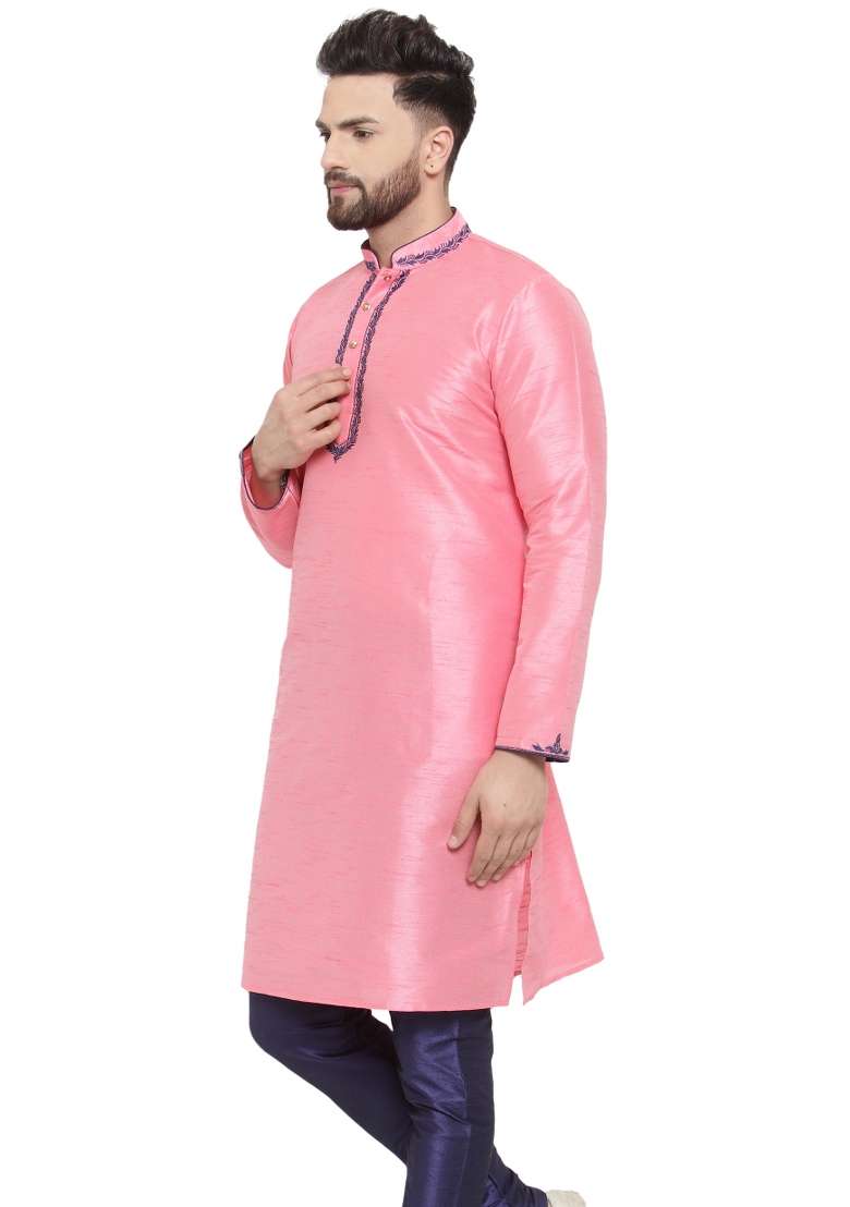 Pink Embroidery Sequins Work Dupion Silk Blend Kurta For Men - Indya