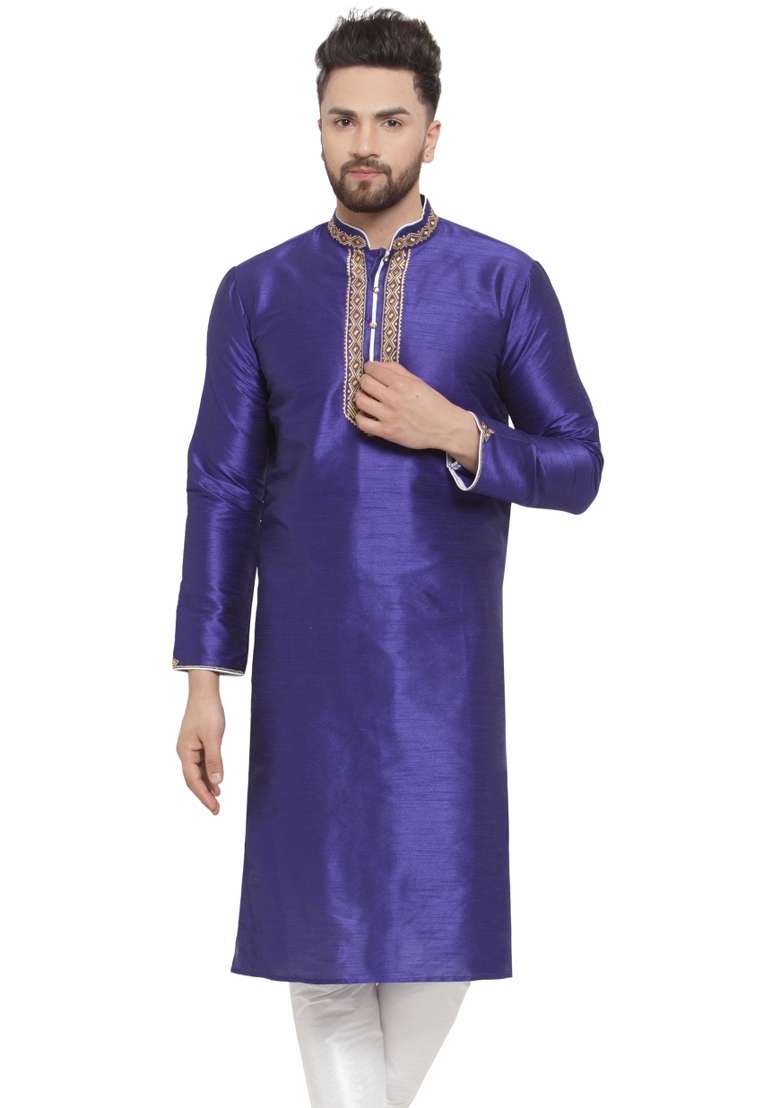 Royal Blue Embroidery Sequins Work Dupion Silk Blend Kurta For Men - Indya
