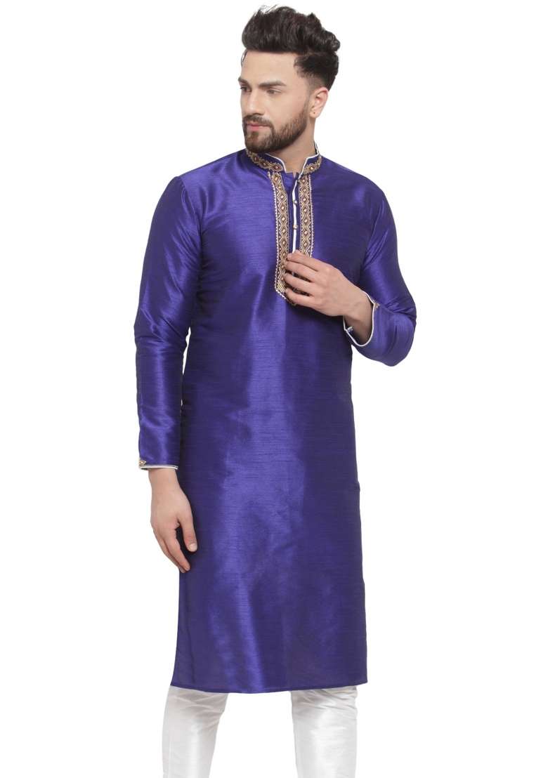 Royal Blue Embroidery Sequins Work Dupion Silk Blend Kurta For Men - Indya