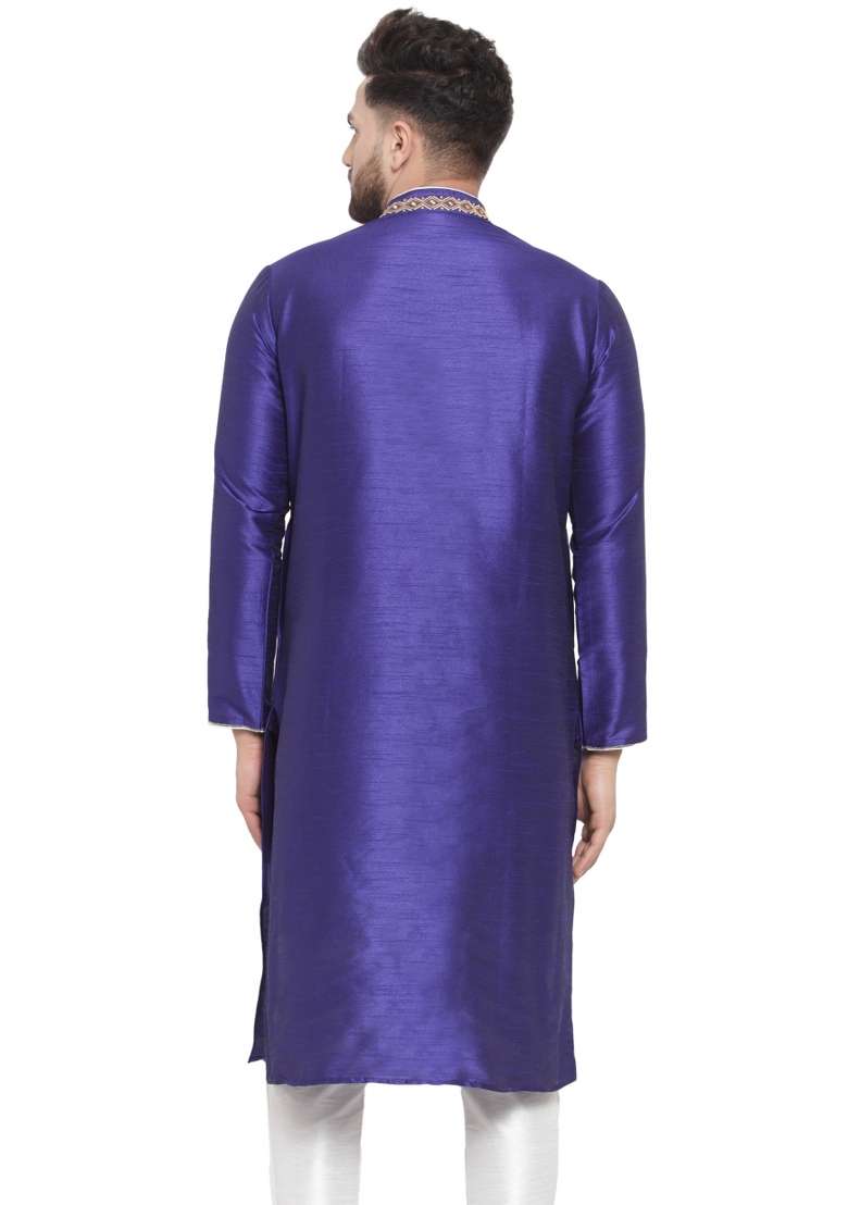 Royal Blue Embroidery Sequins Work Dupion Silk Blend Kurta For Men - Indya