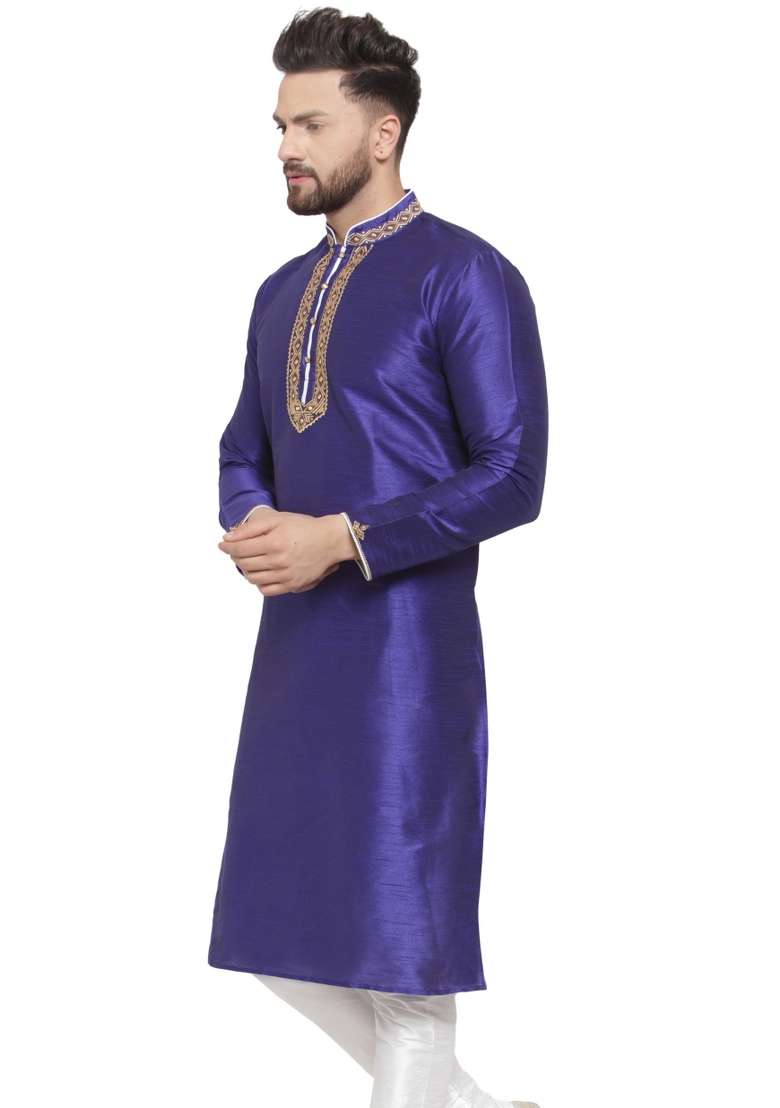 Royal Blue Embroidery Sequins Work Dupion Silk Blend Kurta For Men - Indya