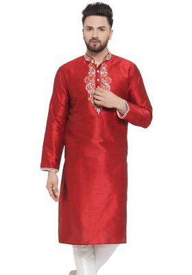 Maroon Embroidery Sequins Work Dupion Silk Blend Kurta For Men