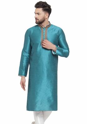 Green Embroidery Sequins Work Dupion Silk Blend Kurta For Men