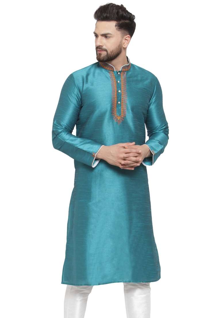 Green Embroidery Sequins Work Dupion Silk Blend Kurta For Men - Indya