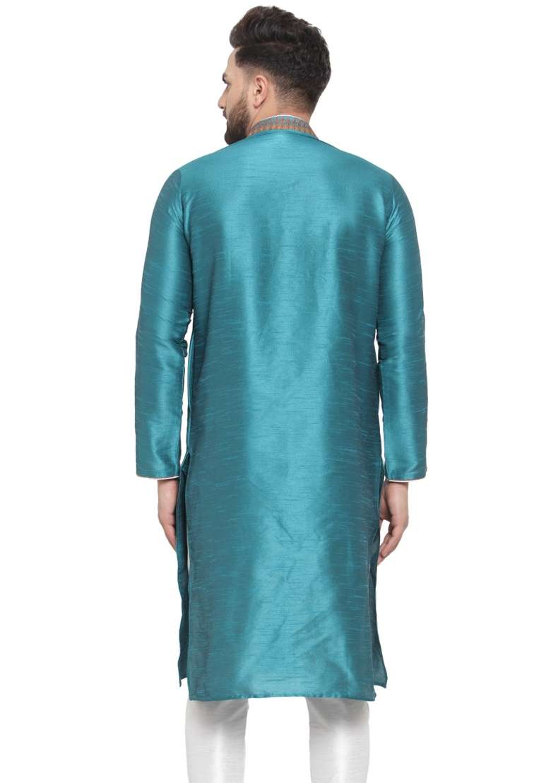 Green Embroidery Sequins Work Dupion Silk Blend Kurta For Men - Indya