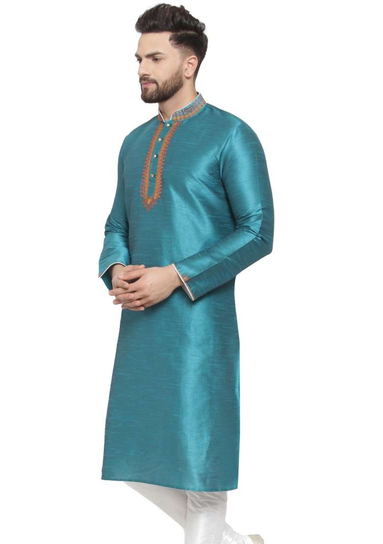 Green Embroidery Sequins Work Dupion Silk Blend Kurta For Men - Indya