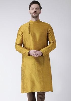 Yellow Embroidery Sequins Work Dupion Silk Blend Kurta For Men