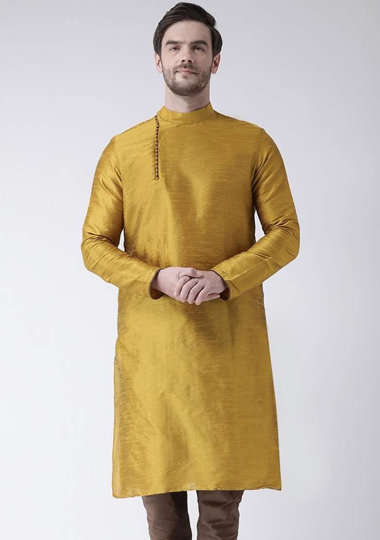 Yellow Embroidery Sequins Work Dupion Silk Blend Kurta For Men - Indya