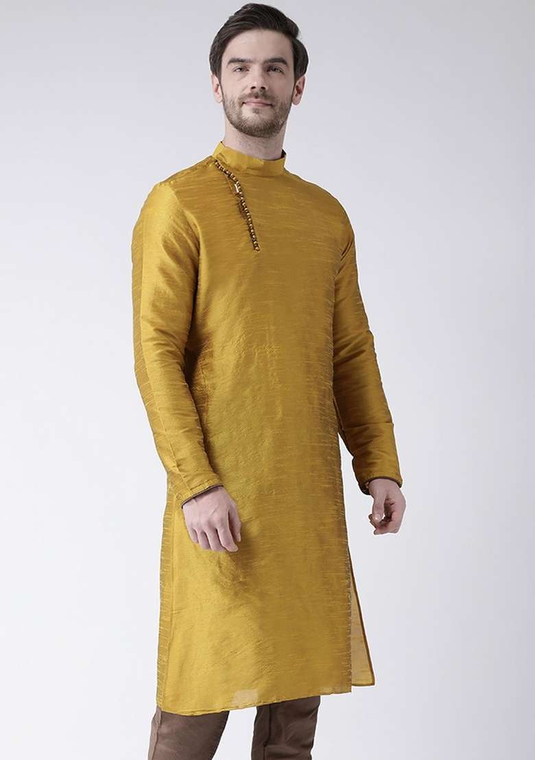 Yellow Embroidery Sequins Work Dupion Silk Blend Kurta For Men - Indya