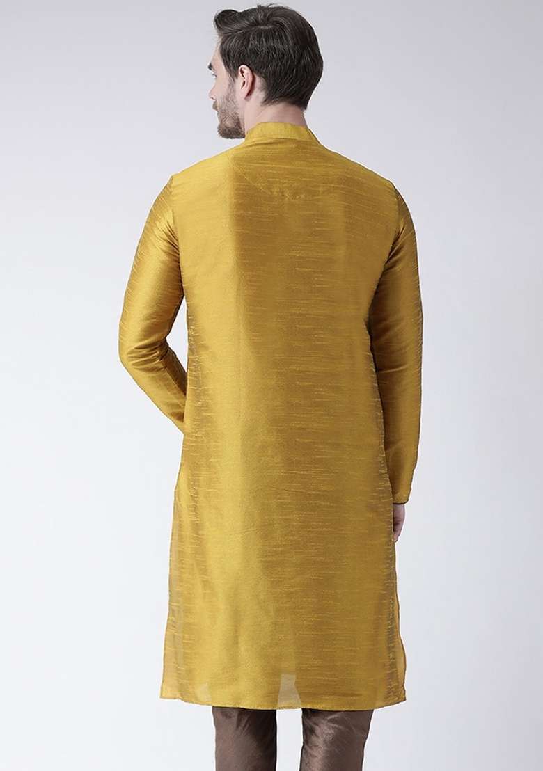 Yellow Embroidery Sequins Work Dupion Silk Blend Kurta For Men - Indya