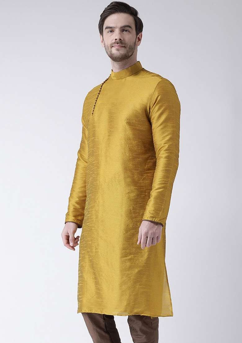 Yellow Embroidery Sequins Work Dupion Silk Blend Kurta For Men - Indya