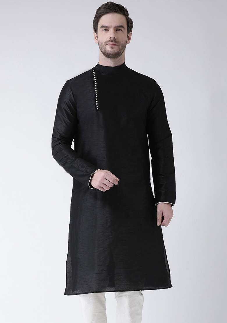 Black Embroidery Sequins Work Dupion Silk Blend Kurta For Men - Indya