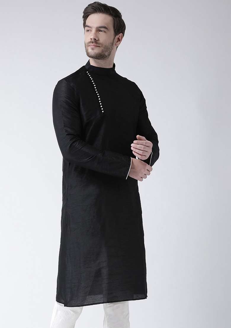 Black Embroidery Sequins Work Dupion Silk Blend Kurta For Men - Indya