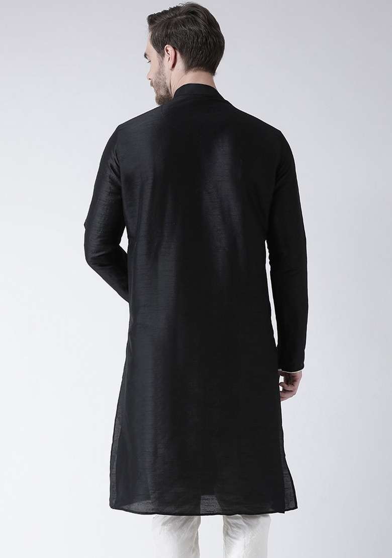 Black Embroidery Sequins Work Dupion Silk Blend Kurta For Men - Indya