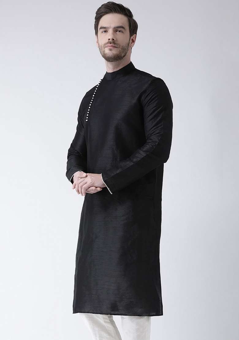 Black Embroidery Sequins Work Dupion Silk Blend Kurta For Men - Indya