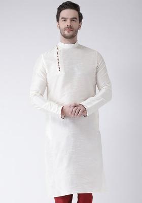 White Embroidery Sequins Work Dupion Silk Blend Kurta For Men