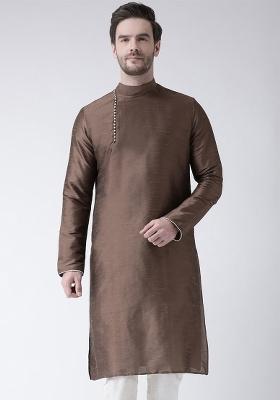Brown Embroidery Sequins Work Dupion Silk Kurta For Men