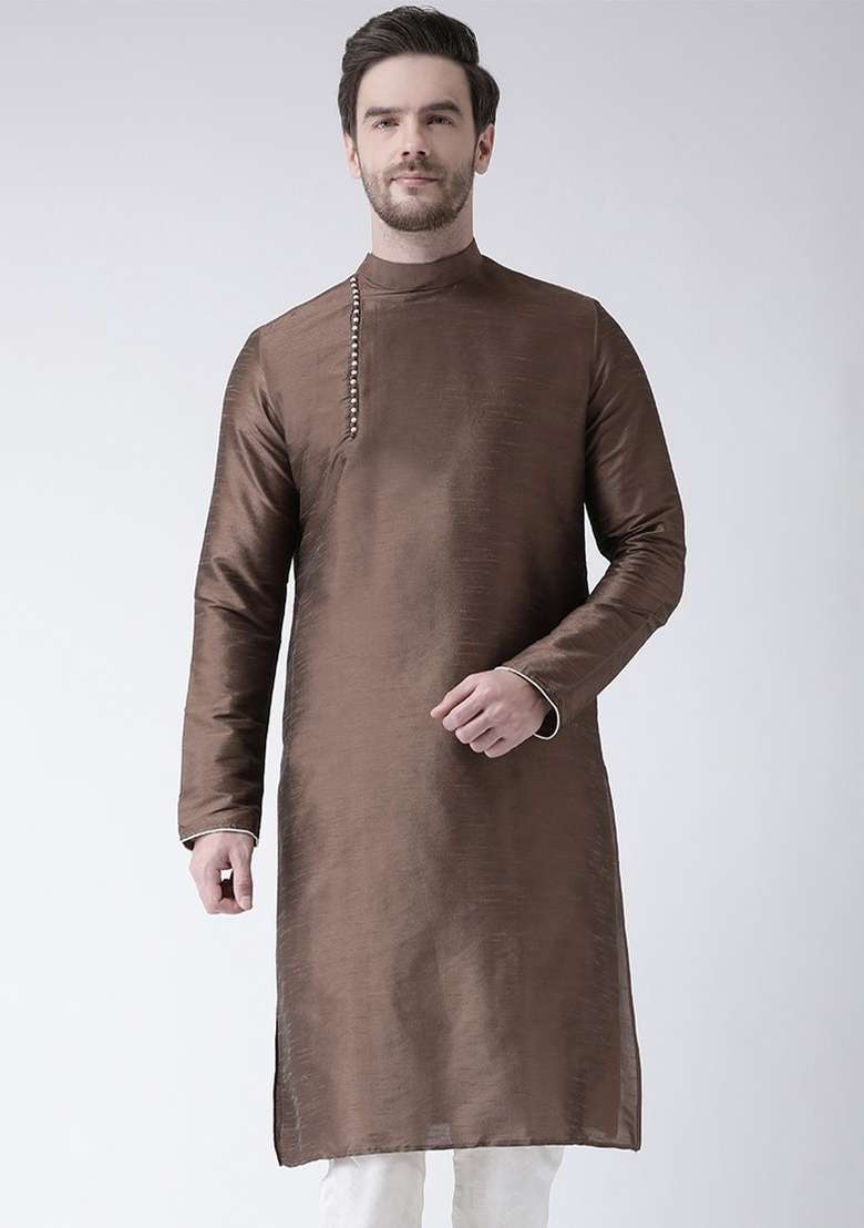 Brown Embroidery Sequins Work Dupion Silk Blend Kurta For Men - Indya