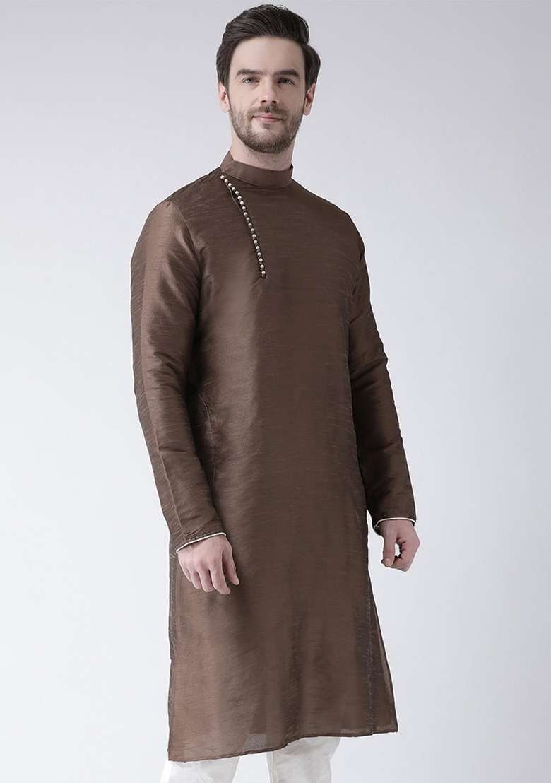 Brown Embroidery Sequins Work Dupion Silk Blend Kurta For Men - Indya