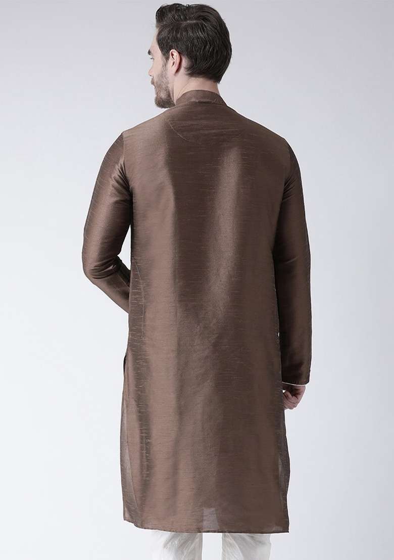 Brown Embroidery Sequins Work Dupion Silk Blend Kurta For Men - Indya