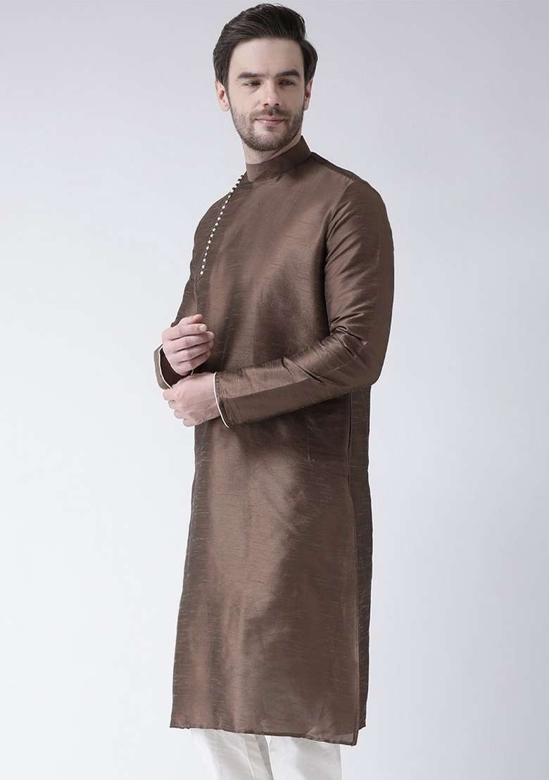 Brown Embroidery Sequins Work Dupion Silk Blend Kurta For Men - Indya