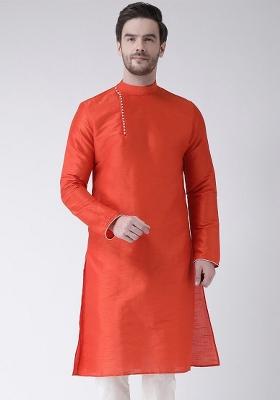 Rust Orange Embroidery Sequins Work Dupion Silk Kurta For Men