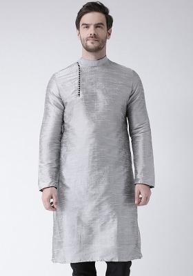 Grey Embroidery Sequins Work Dupion Silk Blend Kurta For Men
