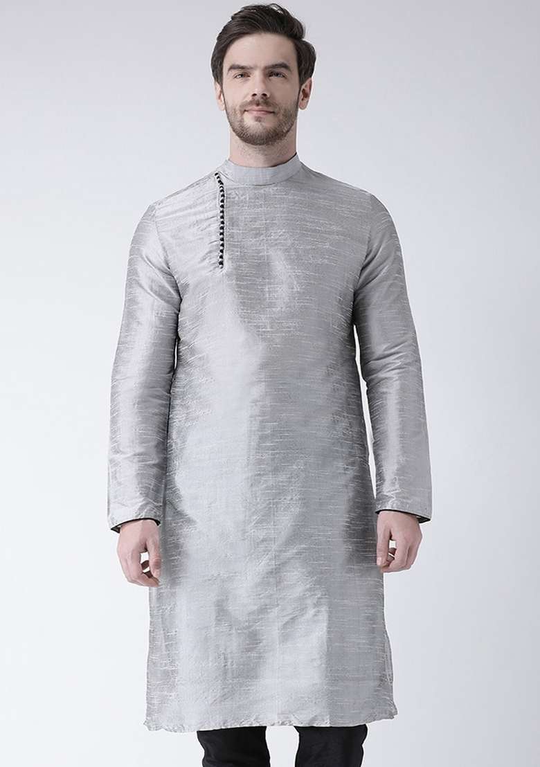 Grey Embroidery Sequins Work Dupion Silk Blend Kurta For Men - Indya