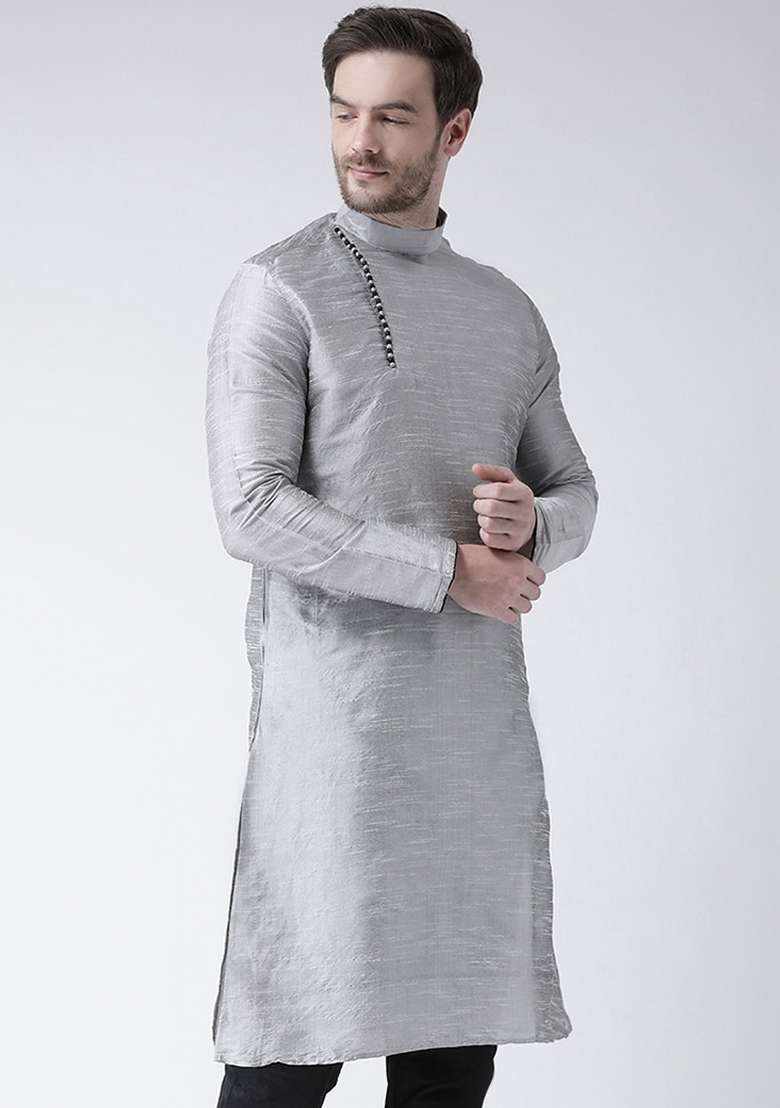 Grey Embroidery Sequins Work Dupion Silk Blend Kurta For Men - Indya