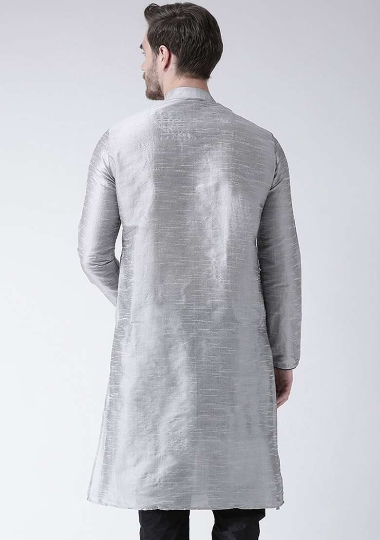 Grey Embroidery Sequins Work Dupion Silk Blend Kurta For Men - Indya