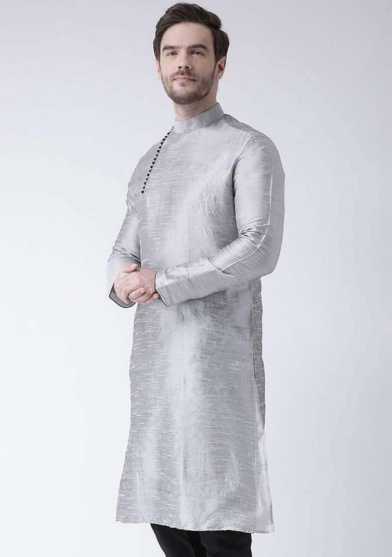 Grey Embroidery Sequins Work Dupion Silk Blend Kurta For Men - Indya