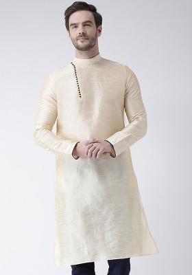 Cream Embroidery Sequins Work Dupion Silk Blend Kurta For Men