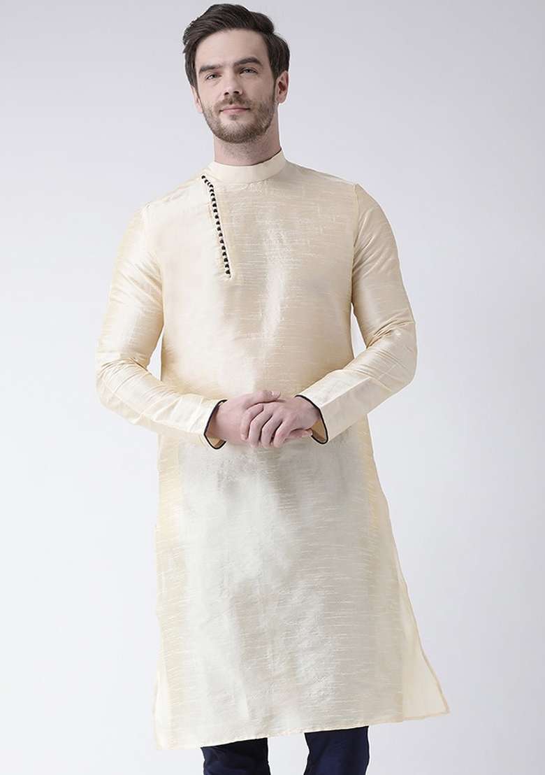 Cream Embroidery Sequins Work Dupion Silk Blend Kurta For Men - Indya