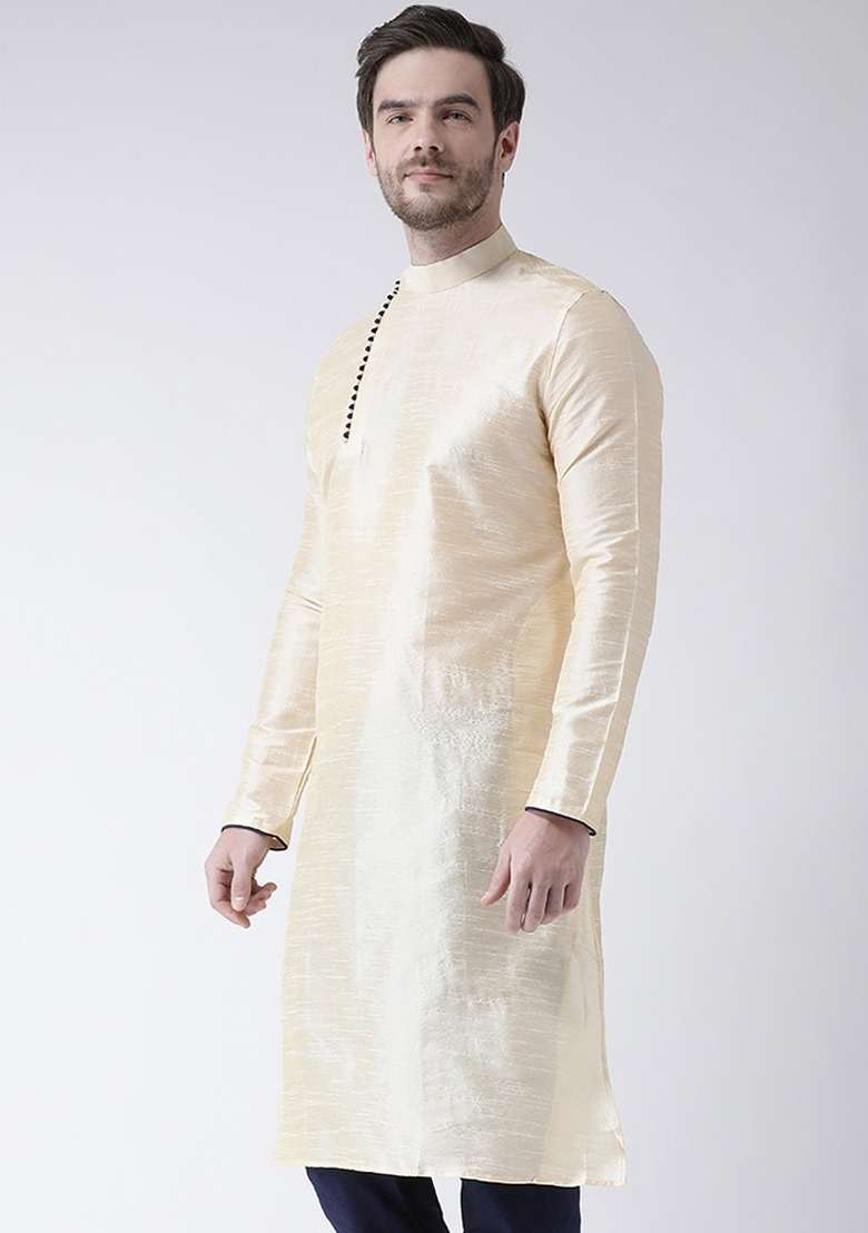 Cream Embroidery Sequins Work Dupion Silk Blend Kurta For Men - Indya