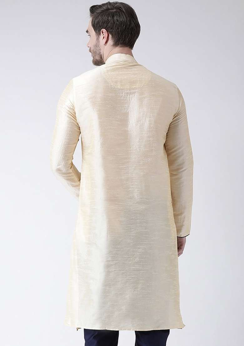 Cream Embroidery Sequins Work Dupion Silk Blend Kurta For Men - Indya