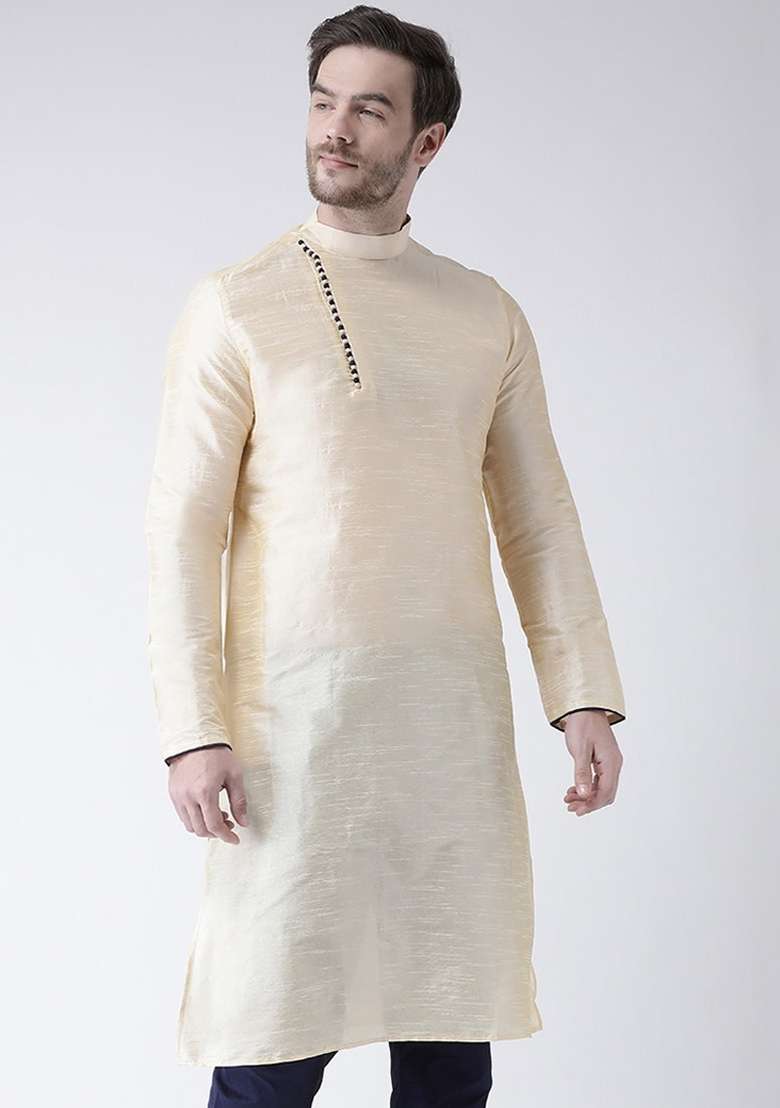 Cream Embroidery Sequins Work Dupion Silk Blend Kurta For Men - Indya