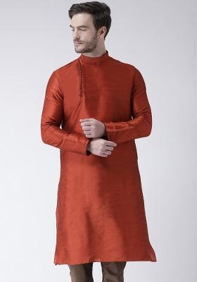 Rust Orange Embroidery Sequins Work Dupion Silk Kurta For Men