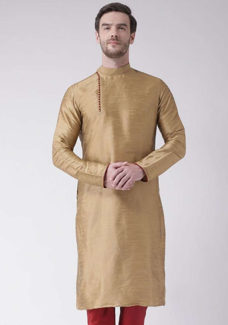 Golden Embroidery Sequins Work Dupion Silk Blend Kurta For Men - Indya