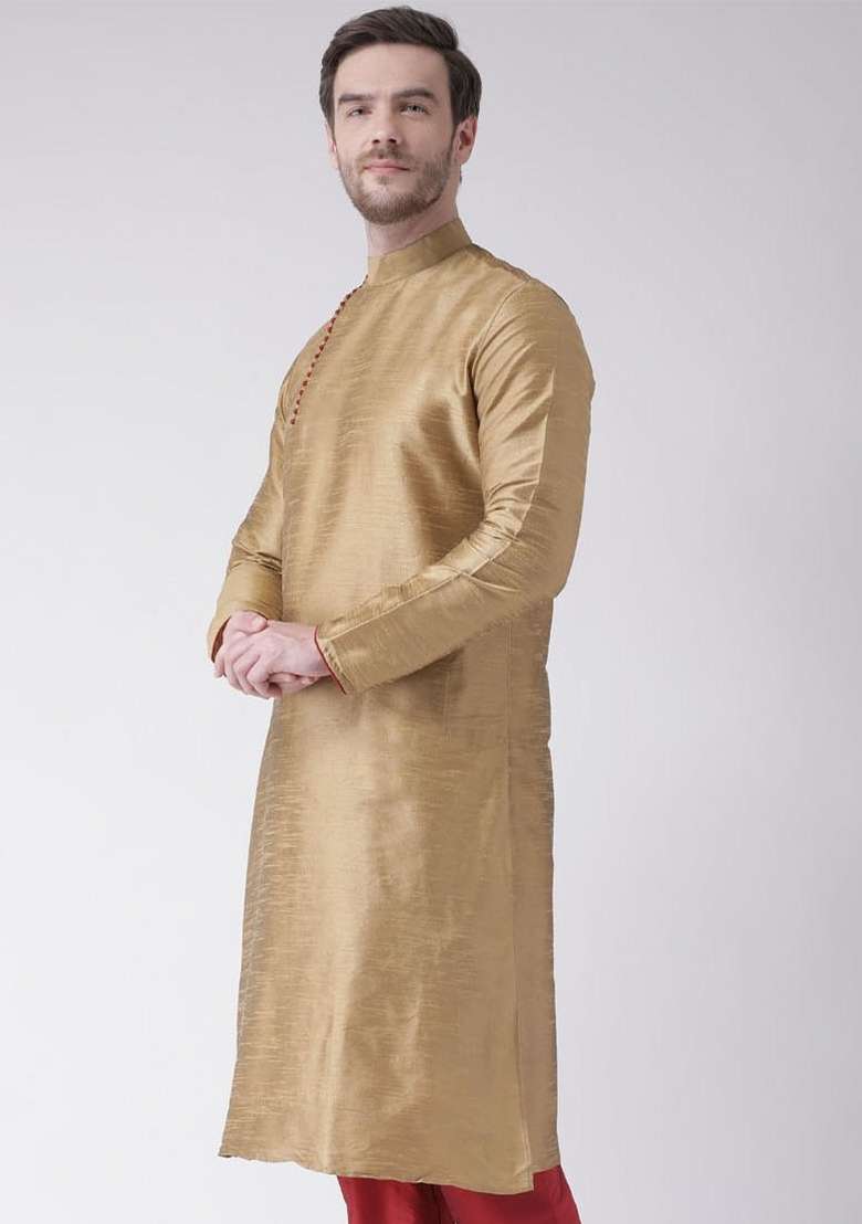 Golden Embroidery Sequins Work Dupion Silk Blend Kurta For Men - Indya