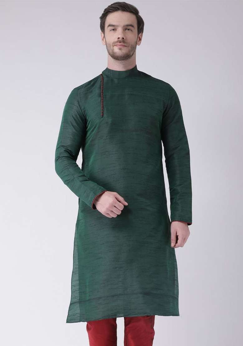 Green Embroidery Sequins Work Dupion Silk Blend Kurta For Men - Indya
