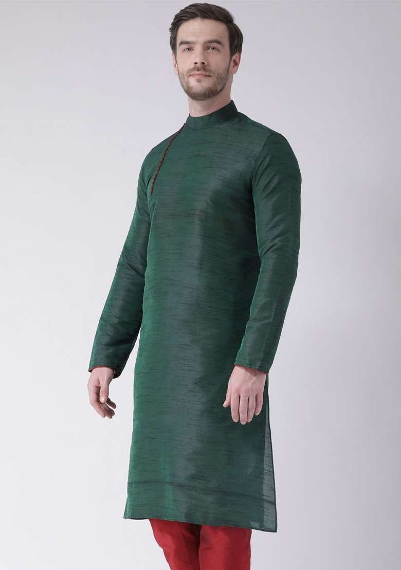Green Embroidery Sequins Work Dupion Silk Blend Kurta For Men - Indya