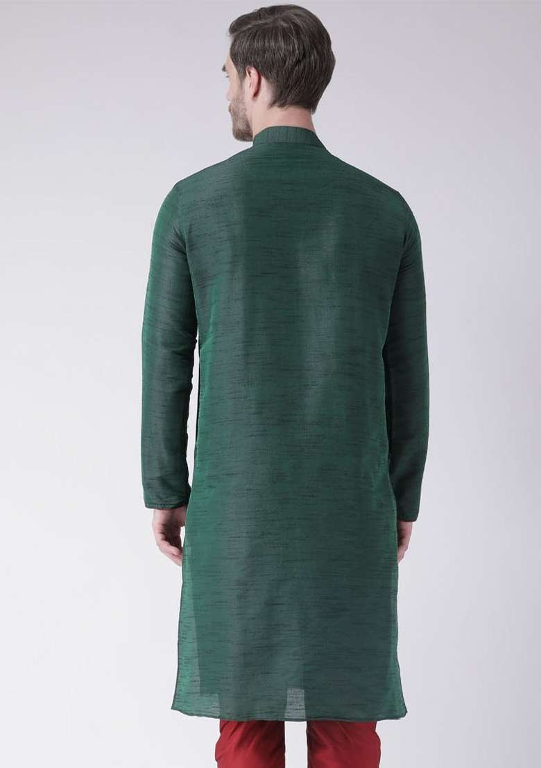 Green Embroidery Sequins Work Dupion Silk Blend Kurta For Men - Indya