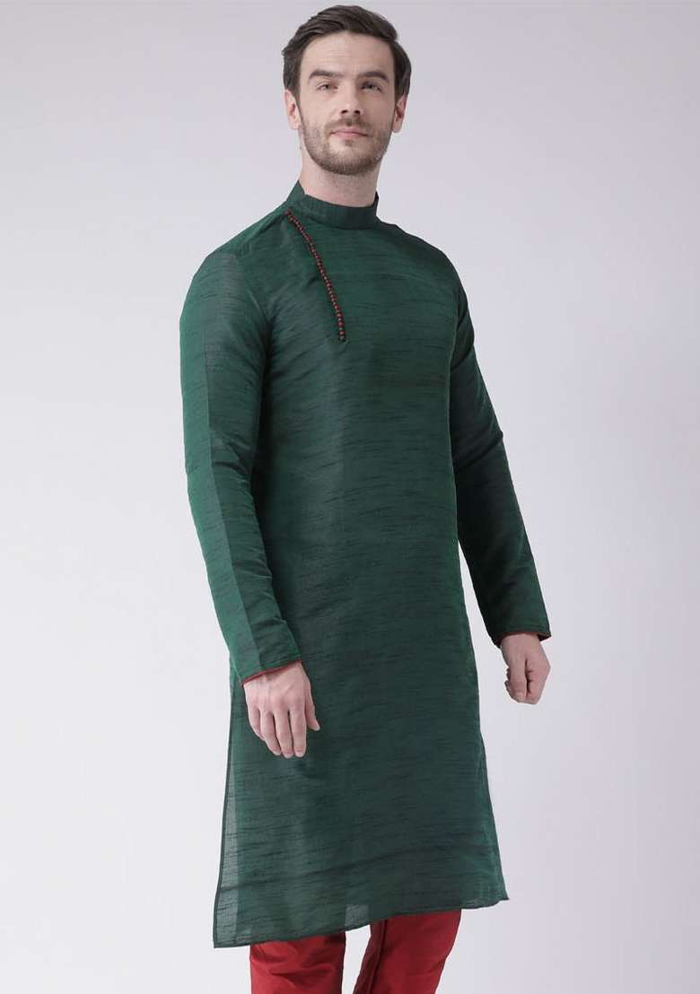 Green Embroidery Sequins Work Dupion Silk Blend Kurta For Men - Indya