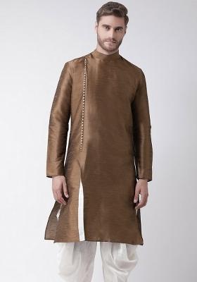 Brown Embroidery Sequins Work Dupion Silk Kurta For Men