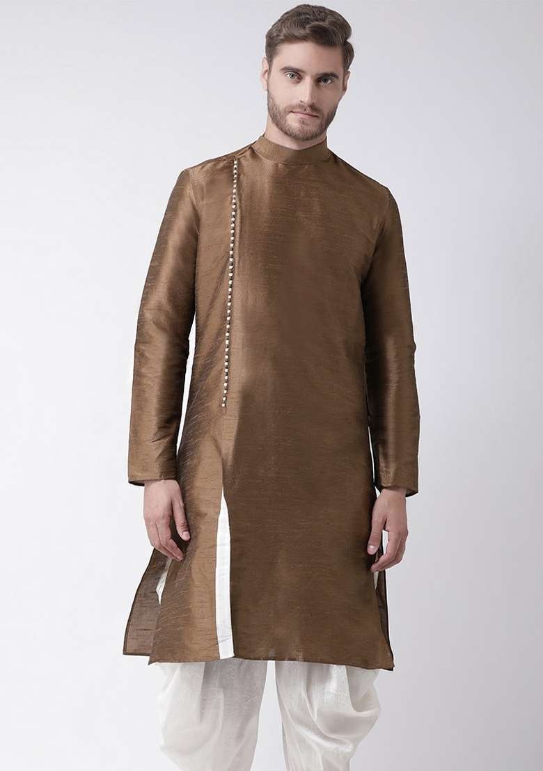 Brown Embroidery Sequins Work Dupion Silk Blend Kurta For Men - Indya