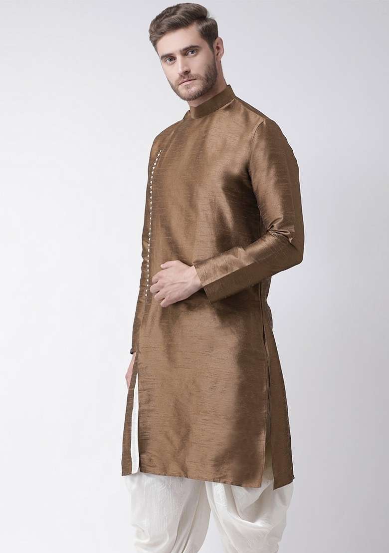 Brown Embroidery Sequins Work Dupion Silk Blend Kurta For Men - Indya