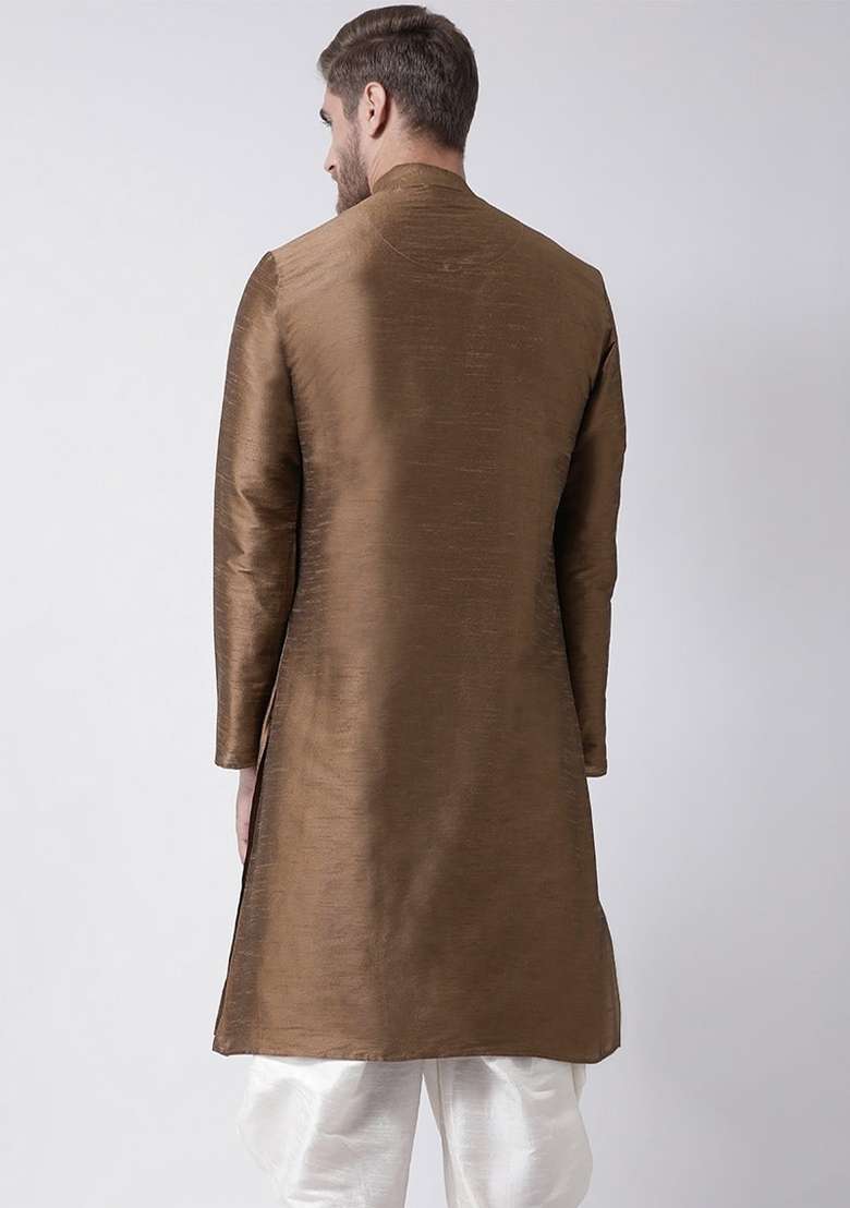 Brown Embroidery Sequins Work Dupion Silk Blend Kurta For Men - Indya