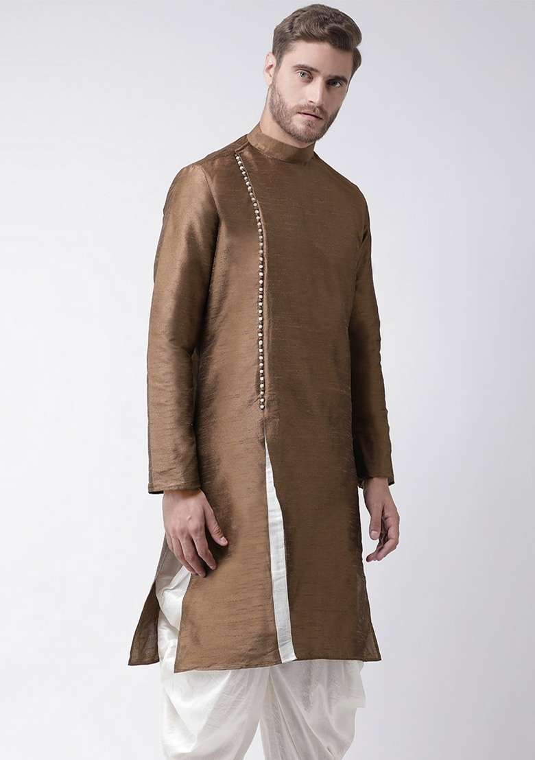 Brown Embroidery Sequins Work Dupion Silk Blend Kurta For Men - Indya