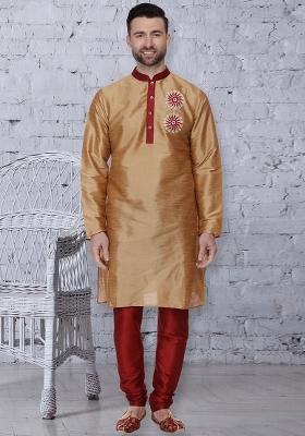 Golden Embroidery Sequins Work Dupion Silk Blend Kurta Set For Men